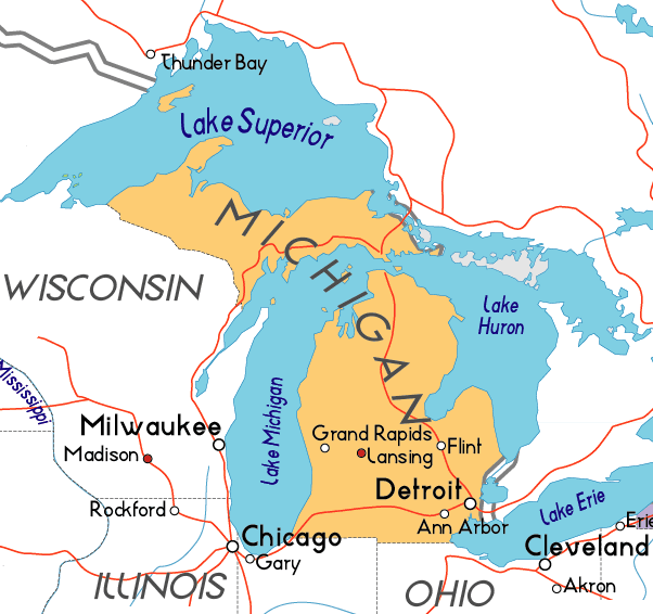 Kaart van Michigan - klik voor een grotere kaart
