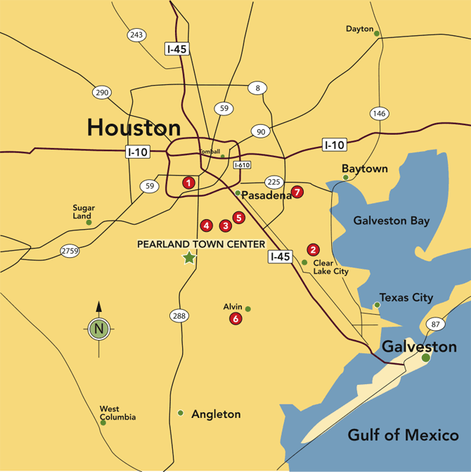 Kaart van Houston en omgeving