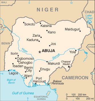 Kaart van Nigeria; Abuja ligt in het centrum van het land