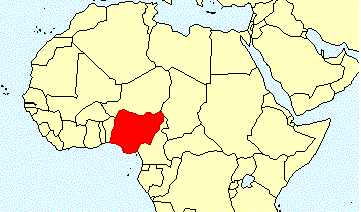 Kaart van Afrika; Nigeria is rood ingekleurd