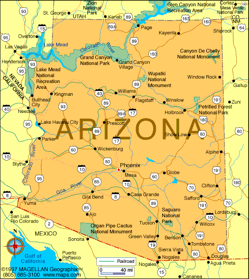 Kaart van Arizona - klik op kaart voor een andere nog grotere kaart