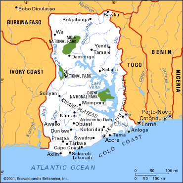 Kaart van ghana; klik op de kaart voor een grotere landkaart