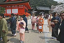 Kyoto - Kiyomizu-dera tempel; veel mensen in traditionele klederdracht