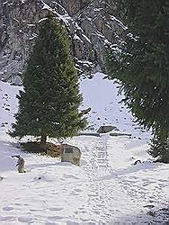 Bergtocht in de winter - monument ter nagedachtenis aan de berggidsen die in de bergen zijn gestorven
