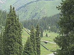 Op weg naar het Big Almaty Lake; pijpleiding vanaf het meer