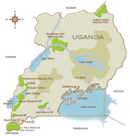Kaart van Uganda - klik hierop voor een grotere kaart met districten