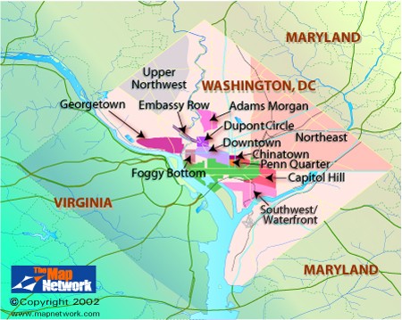 Het ruitvormige district of Columbia - het gedeelte in Virginia (links onder) is later teruggeven
